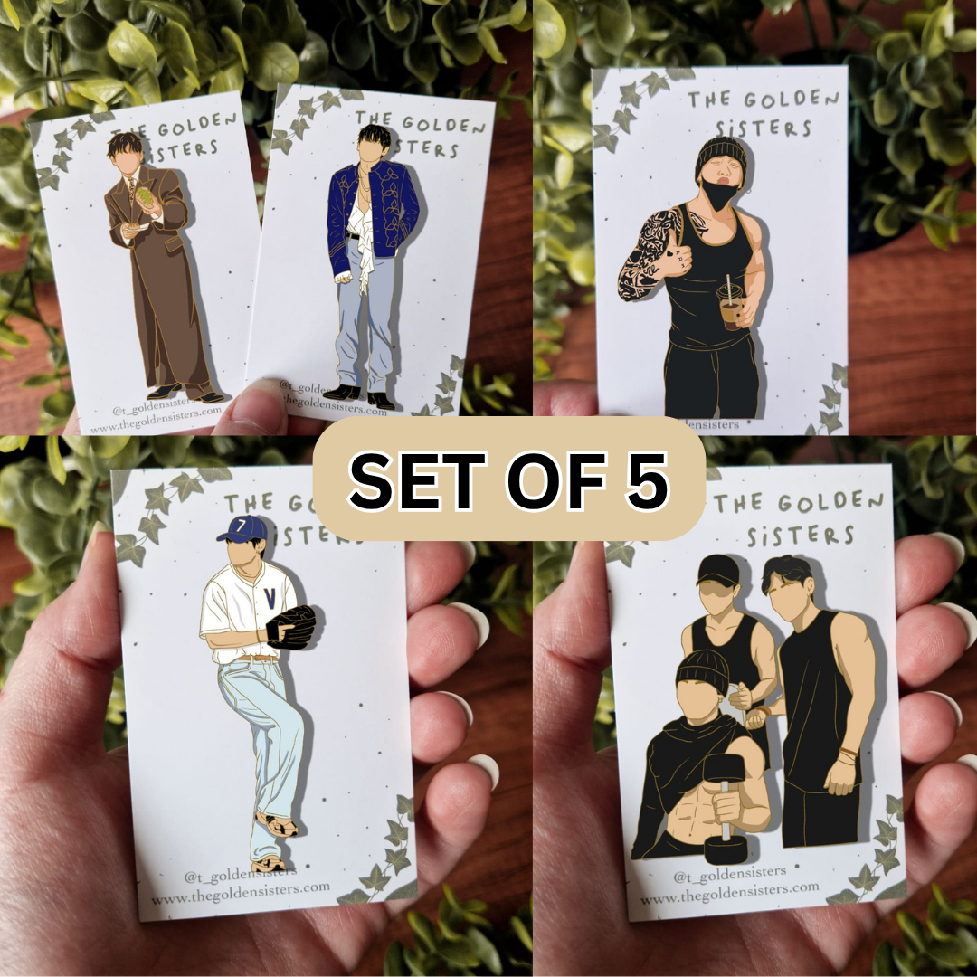 Set of 5 (V, JK, Gym Bros) pins (pre-order)